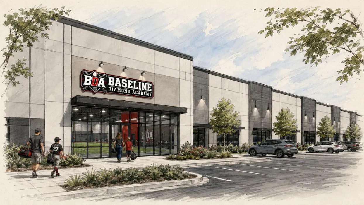 Concept drawing of a future Baseline Diamond Academy entrance. Not a photograph of a finished building.